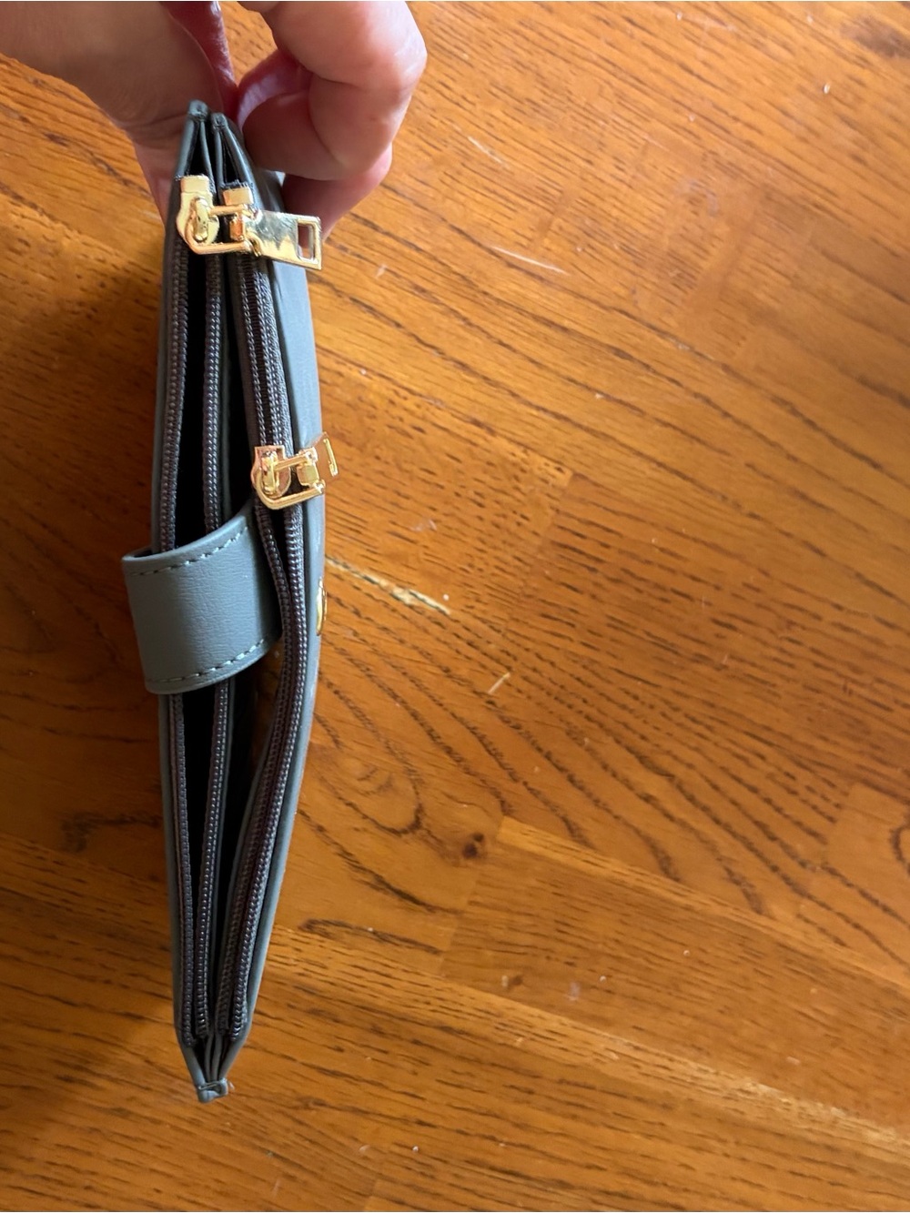 Compact Gray Wristlet Clutch with Gold Hardware